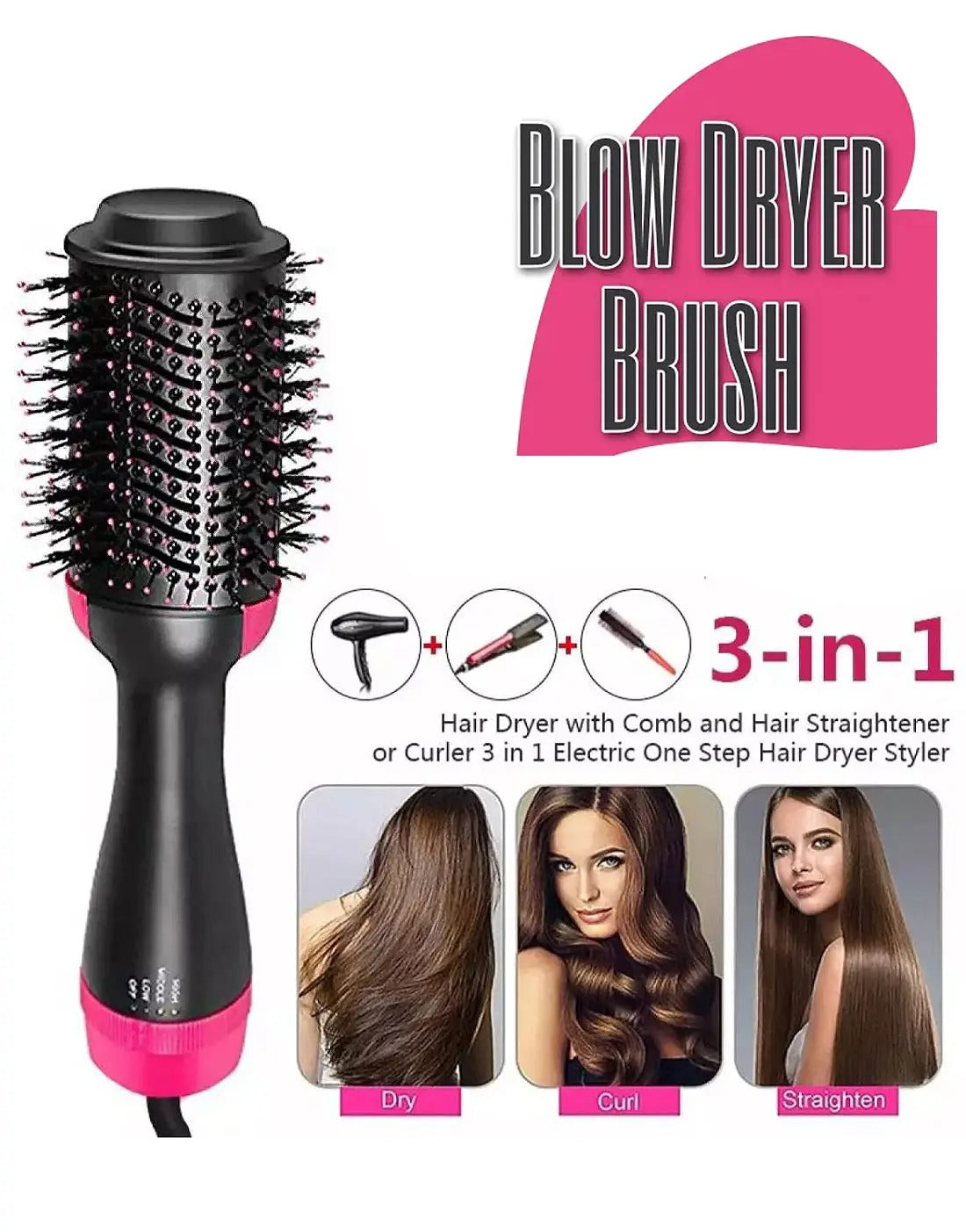 3 in 1 Hair Dryer Brush | One Step Volumizer & Styler | Dry, Straighten & Curl | Professional Hot Air Brush